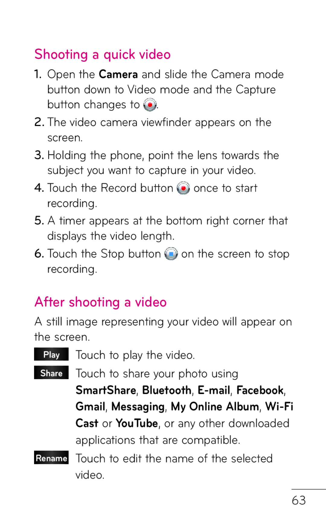 LG Electronics E739 manual Shooting a quick video, After shooting a video, Touch the Record button, Recording 