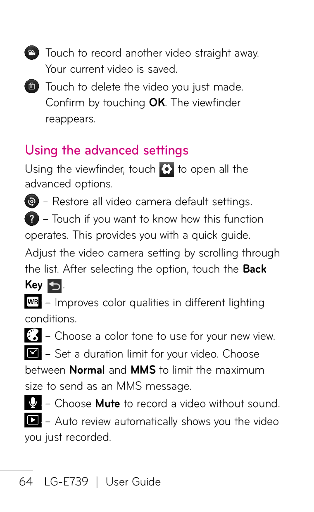 LG Electronics E739 manual Using the advanced settings, Using the viewfinder, touch 