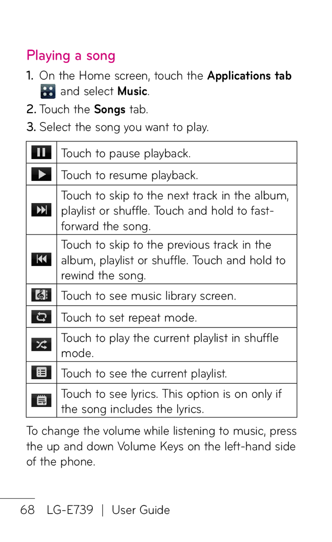 LG Electronics E739 manual Playing a song 