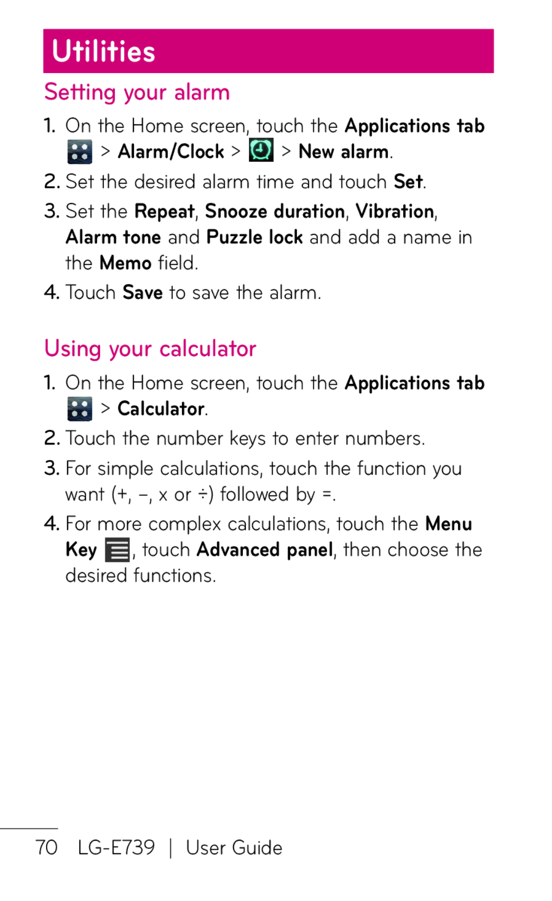 LG Electronics E739 manual Utilities, Setting your alarm, Using your calculator, Alarm/Clock New alarm, Calculator 