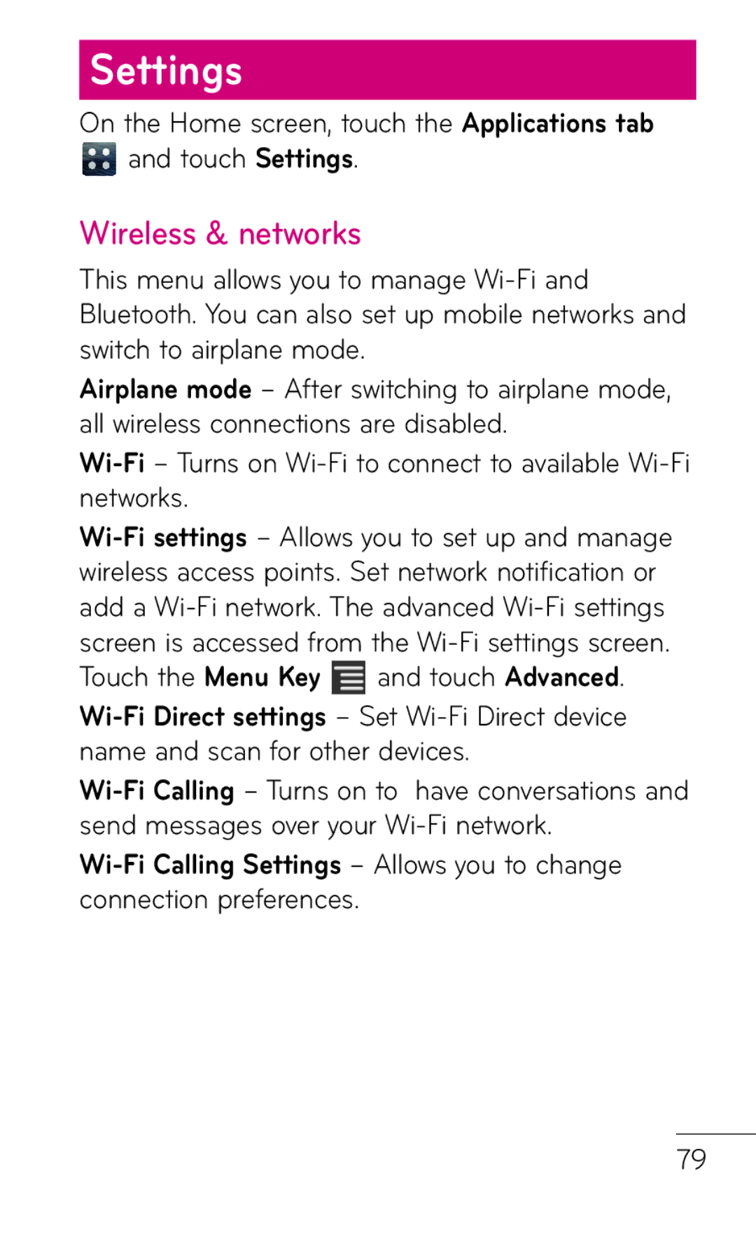 LG Electronics E739 manual Settings, Wireless & networks 