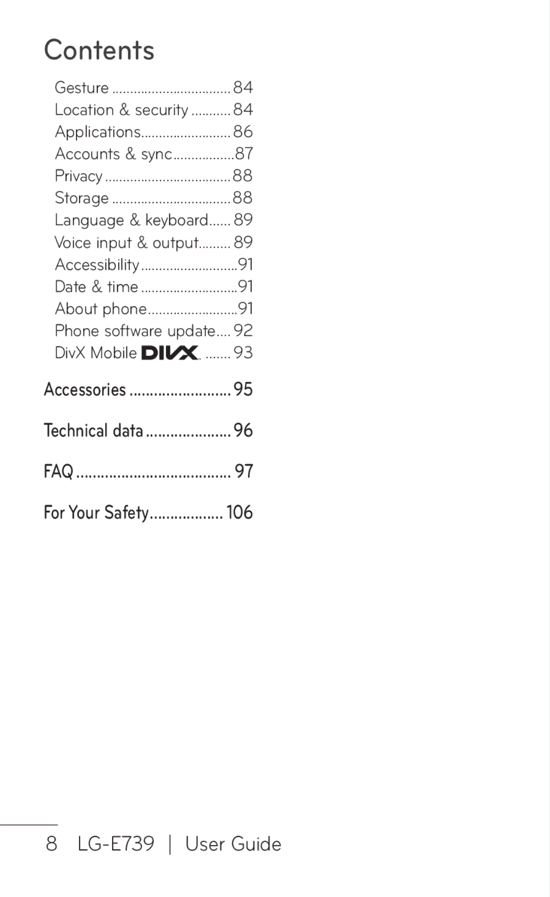 LG Electronics E739 manual Contents 