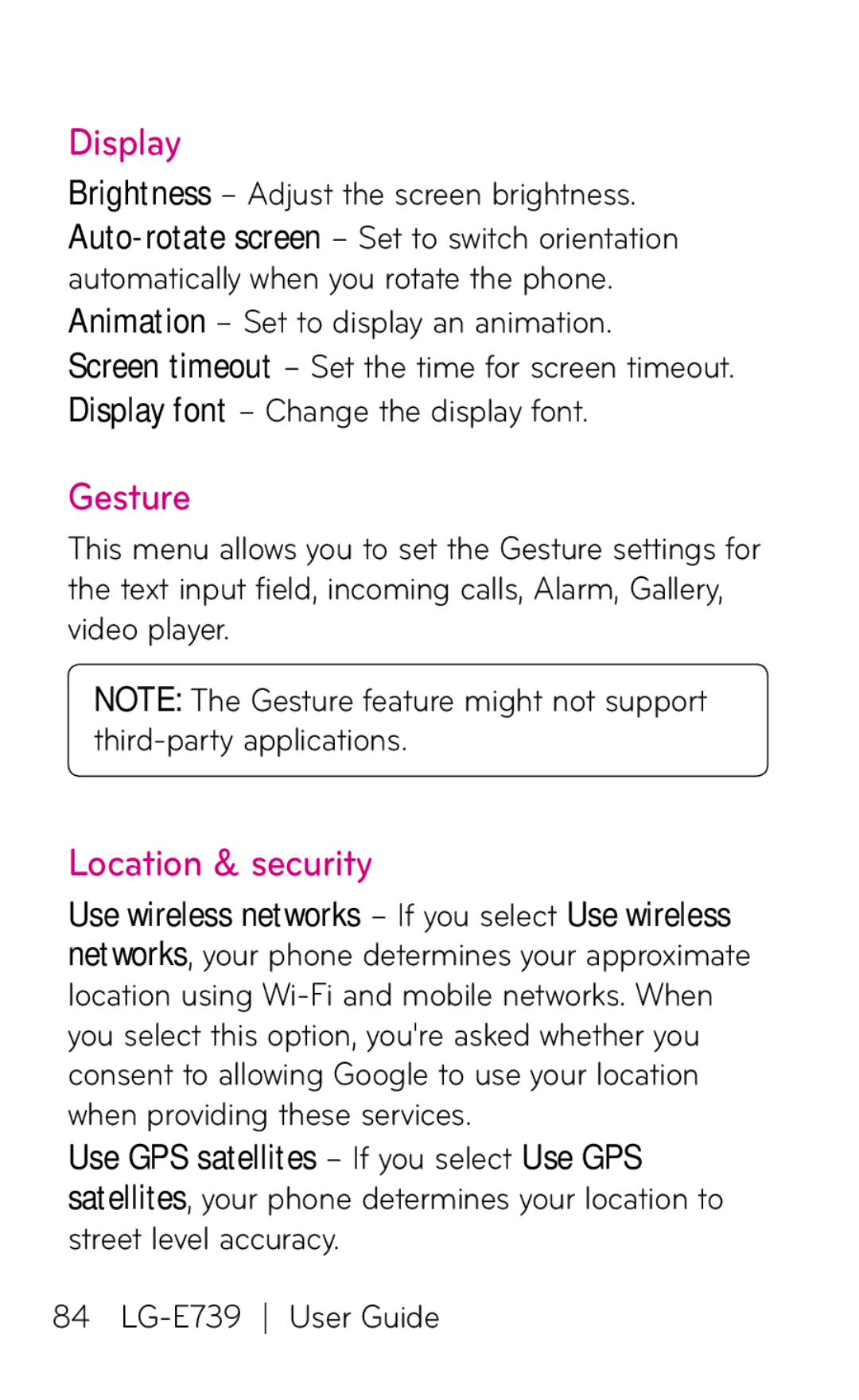 LG Electronics E739 manual Display, Gesture, Location & security 