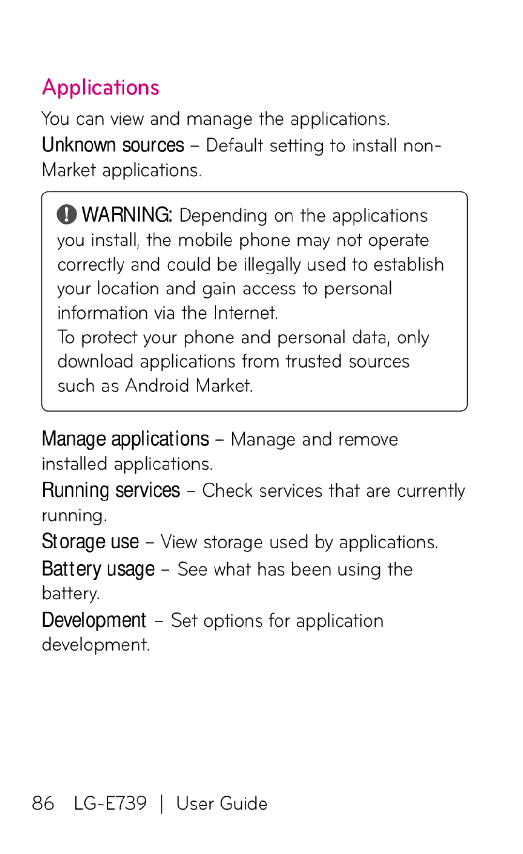 LG Electronics E739 manual Applications, Manage applications Manage and remove installed applications 