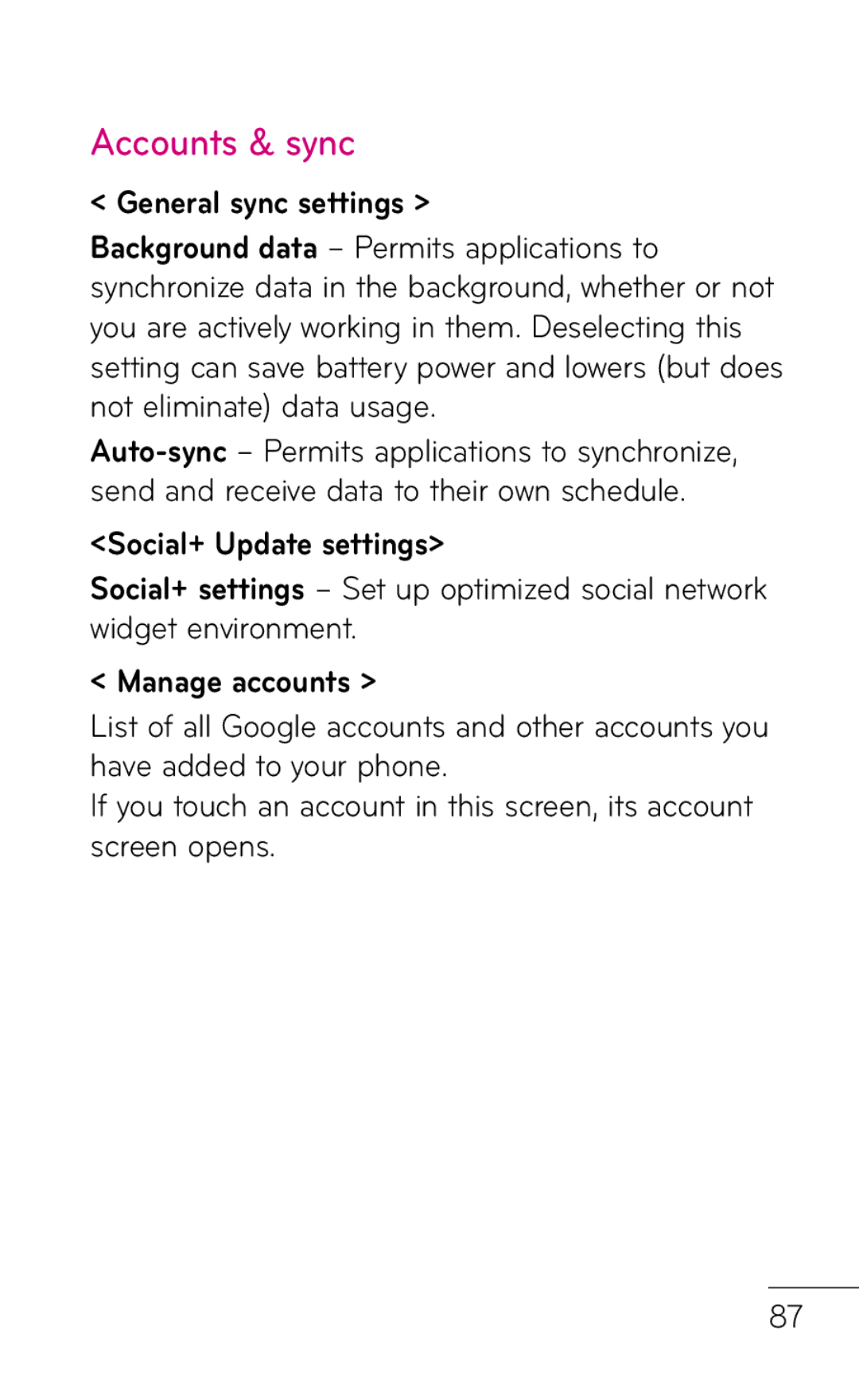 LG Electronics E739 manual Accounts & sync, General sync settings, Social+ Update settings, Manage accounts 
