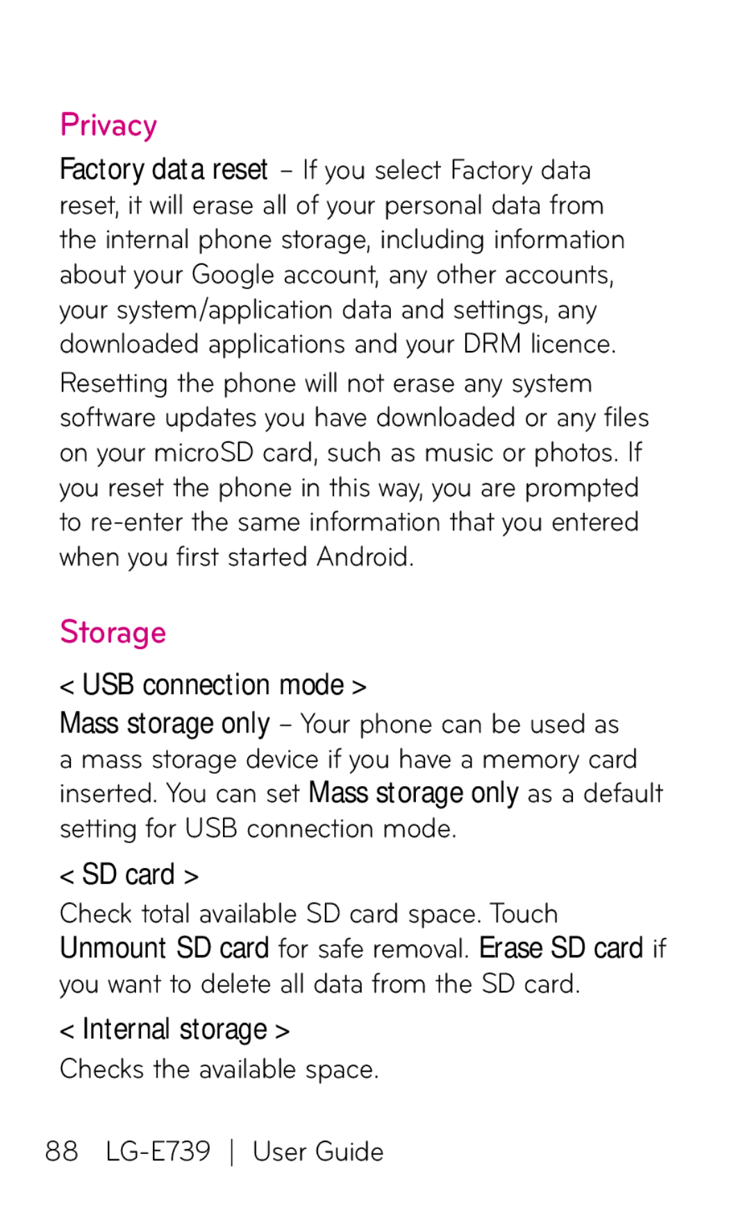 LG Electronics E739 manual Privacy, Storage, USB connection mode, SD card 