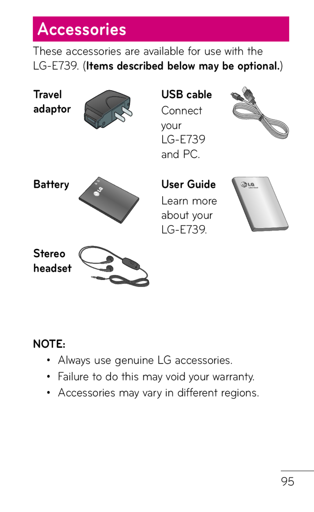 LG Electronics E739 manual Accessories 