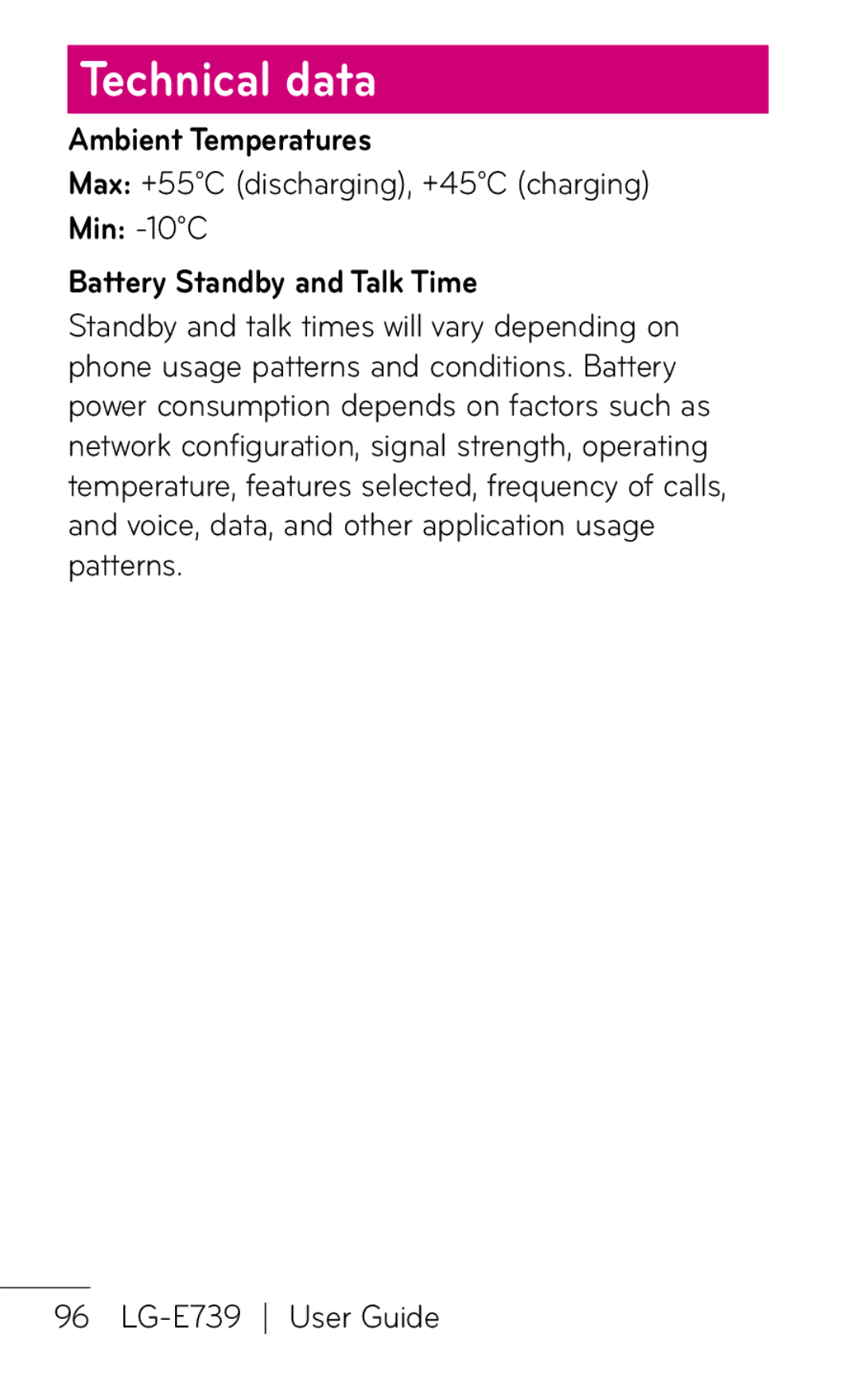 LG Electronics E739 manual Technical data, Ambient Temperatures, Max +55C discharging, +45C charging 