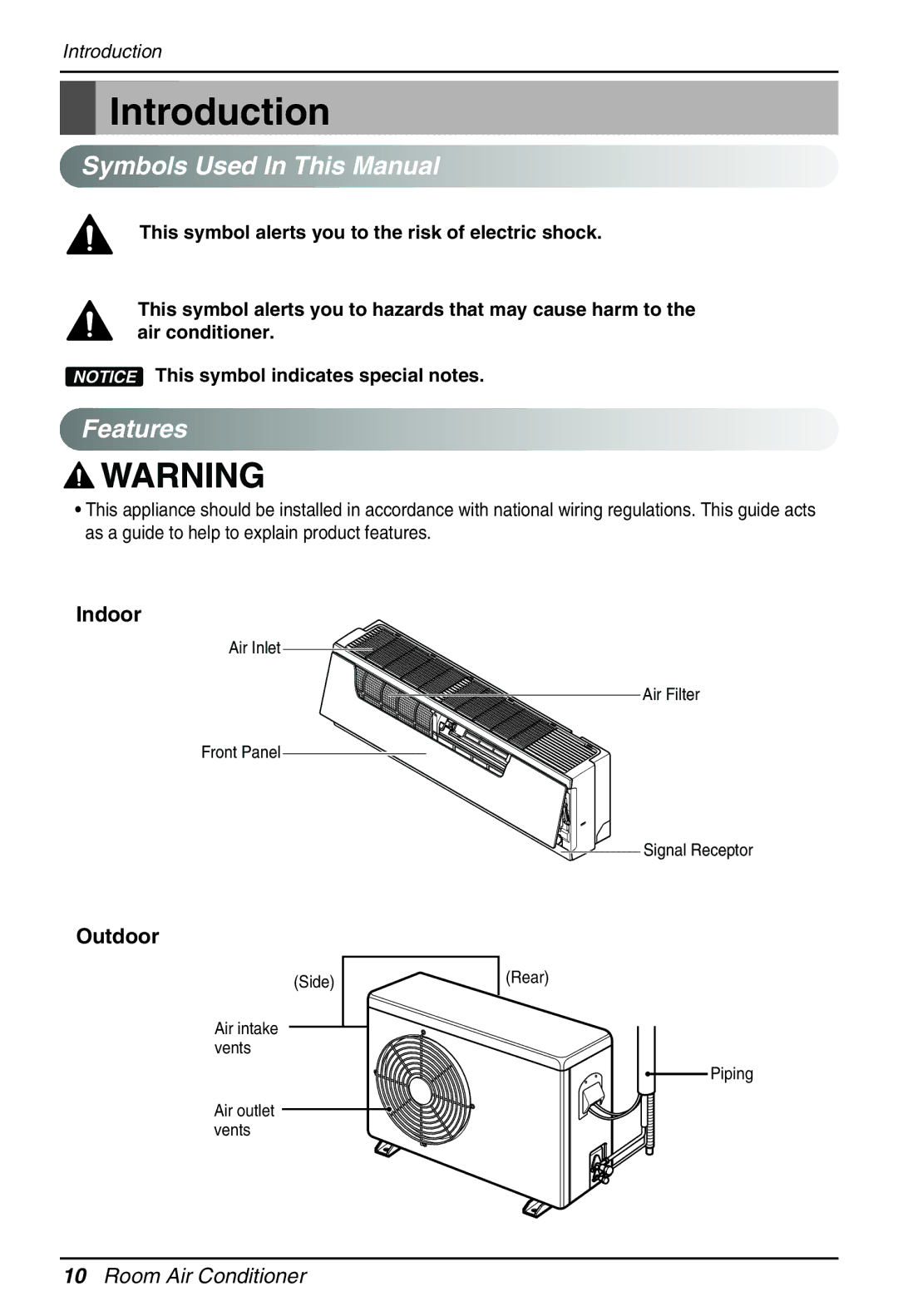 LG Electronics EN 61000-2, EN 61000-3 Norm) Introduction, Symbols Used In This Manual, Features, Indoor, Outdoor 