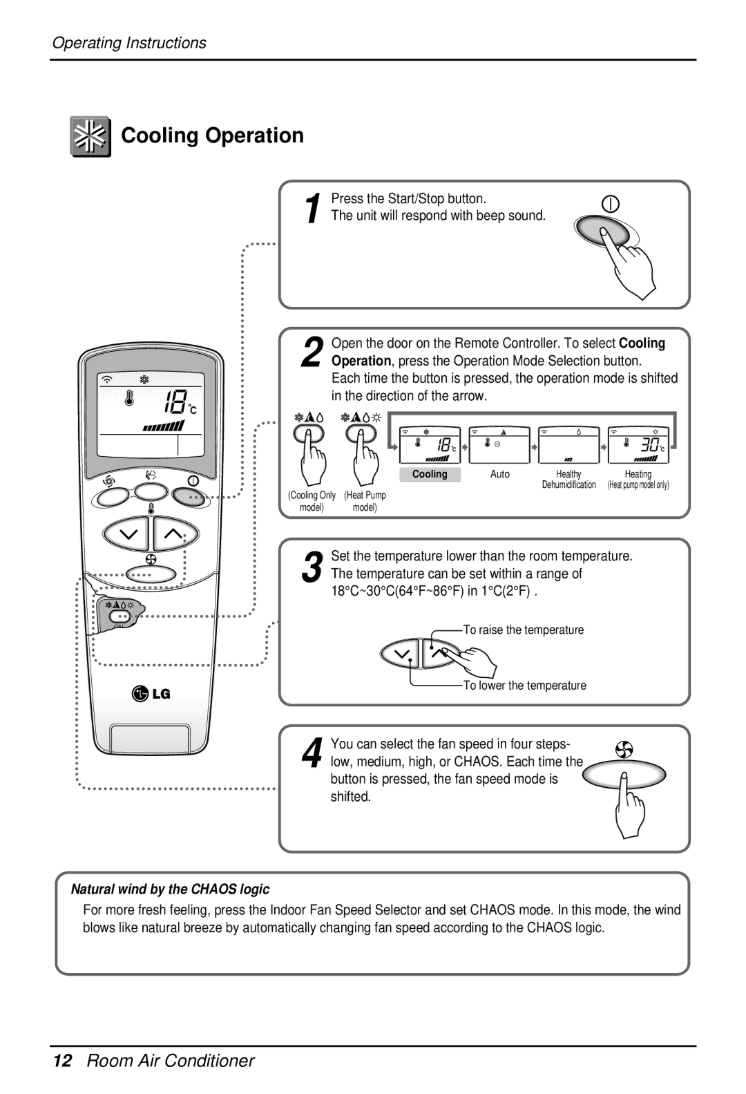 LG Electronics EN 61000-3 NORM owner manual Cooling Operation, Set the temperature lower than the room temperature 