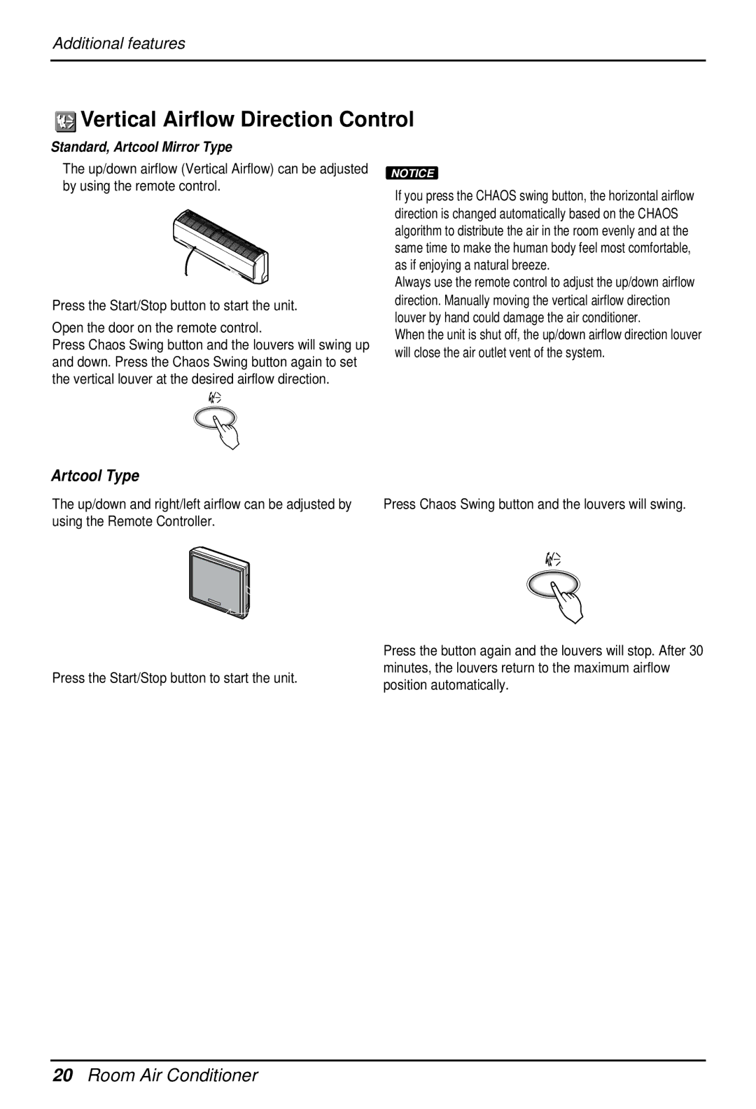 LG Electronics EN 61000-3 NORM owner manual Vertical Airflow Direction Control, Standard, Artcool Mirror Type 