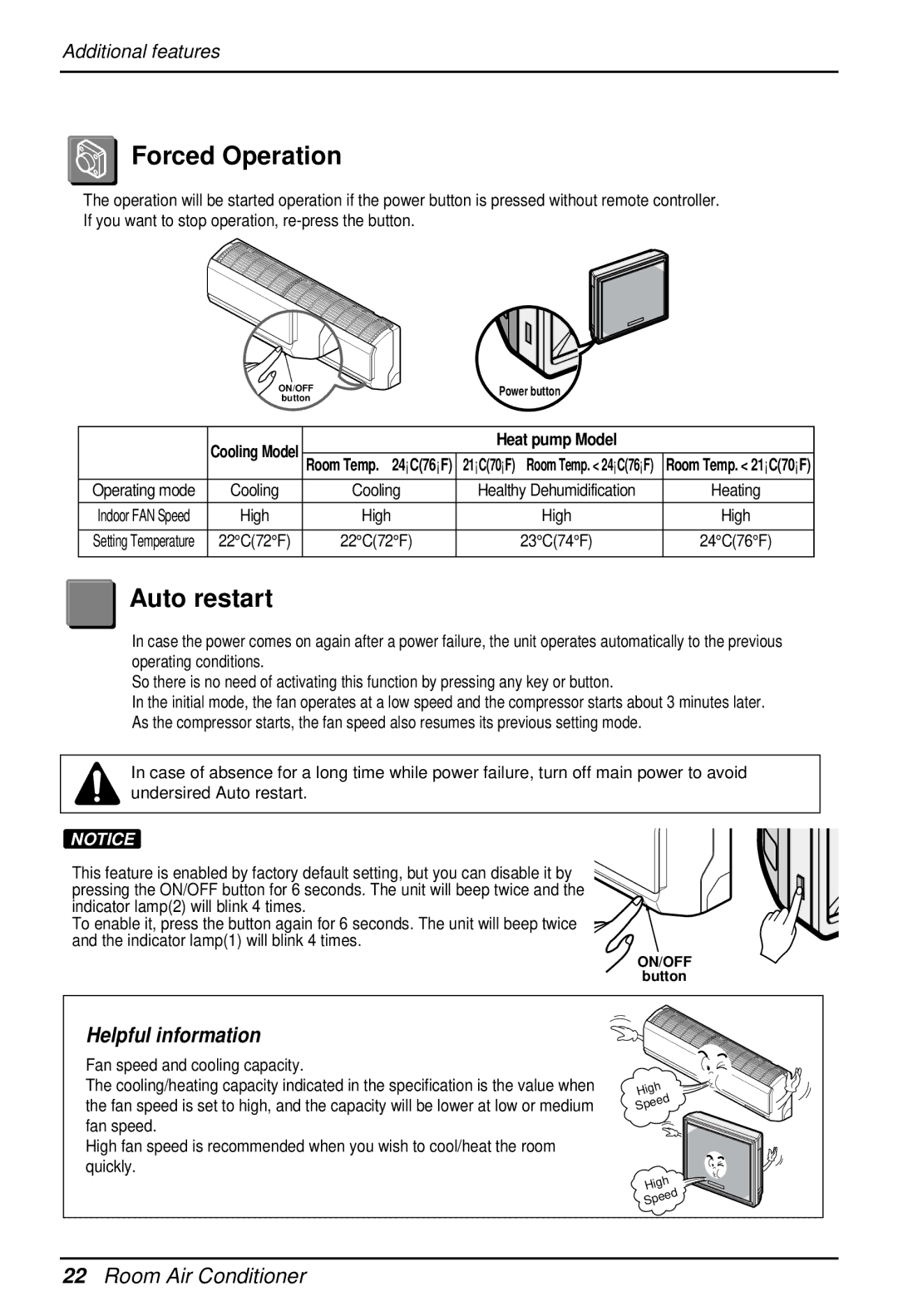 LG Electronics EN 61000-3 NORM Forced Operation, Auto restart, Helpful information, Fan speed and cooling capacity 