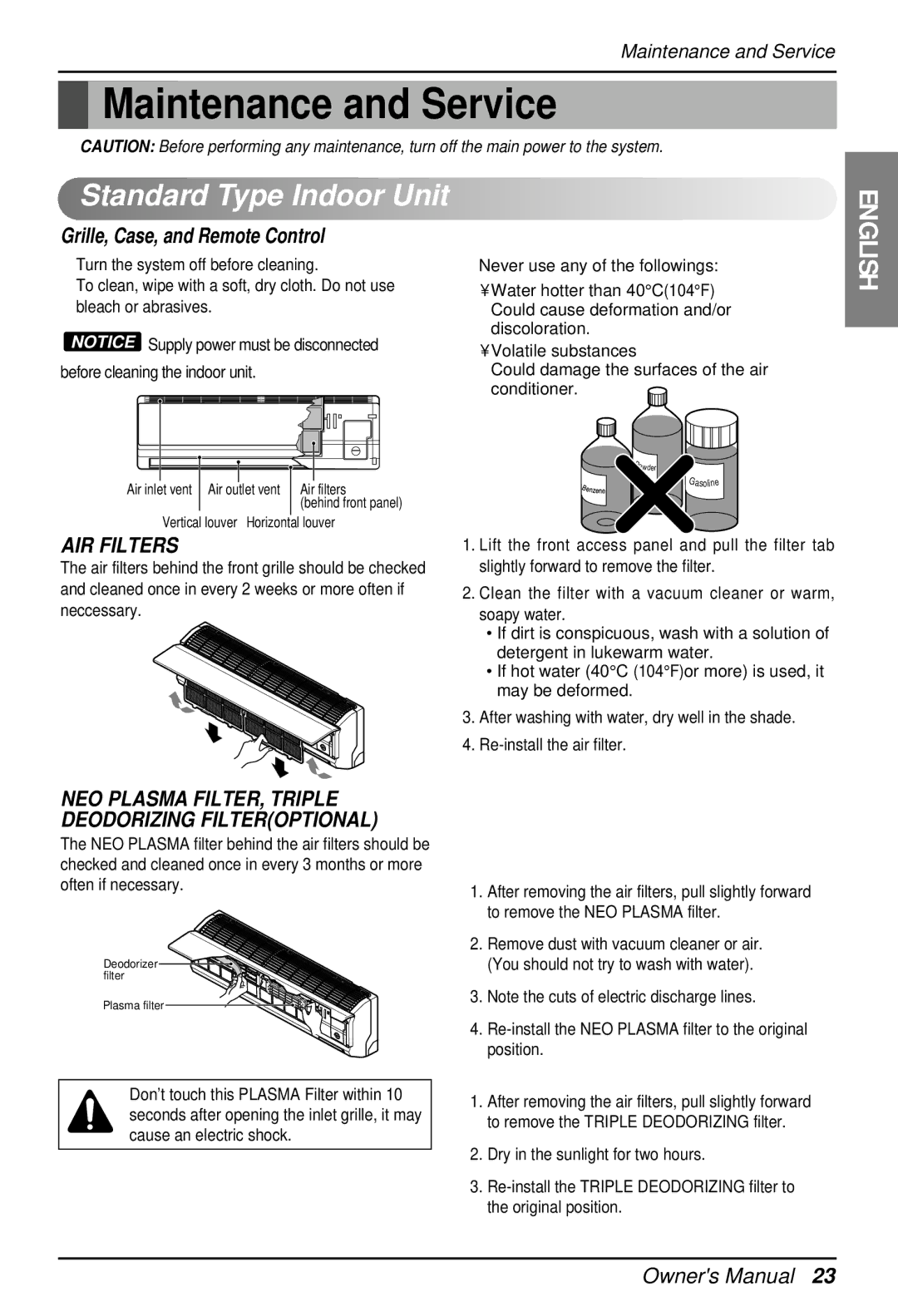 LG Electronics EN 61000-3 owner manual Maintenance and Service, Standard Type Indoor Unit, Grille, Case, and Remote Control 