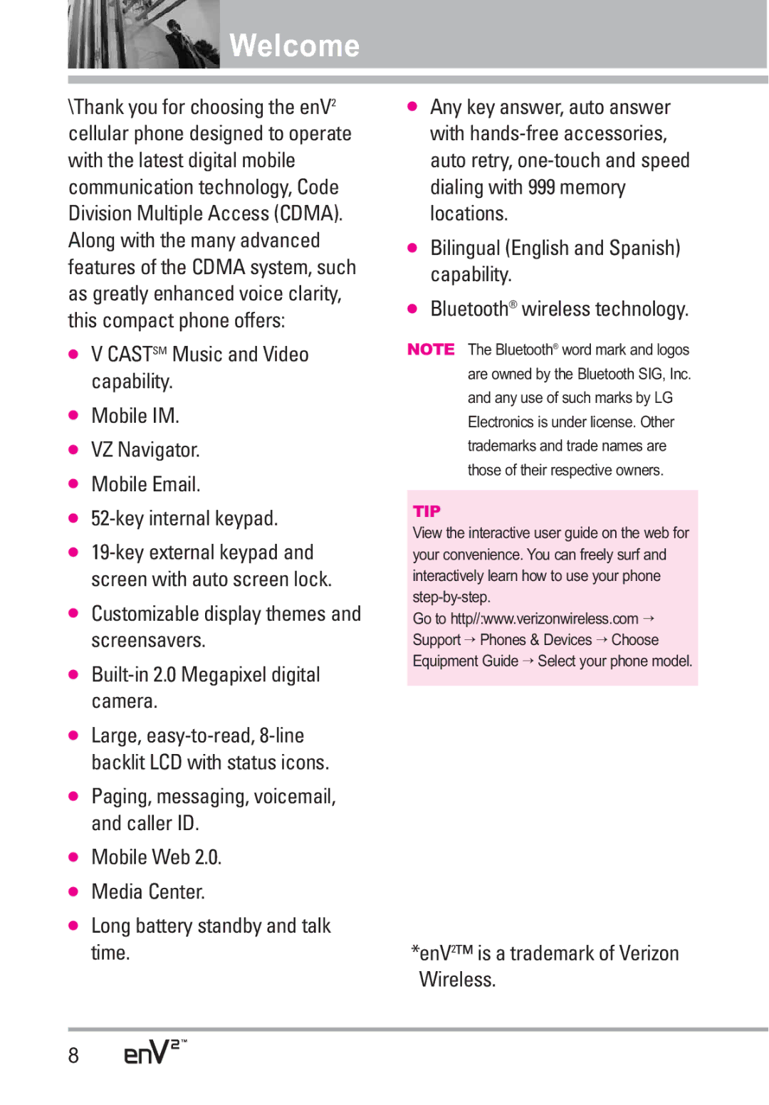 LG Electronics manual Welcome, EnV2 is a trademark of Verizon Wireless 