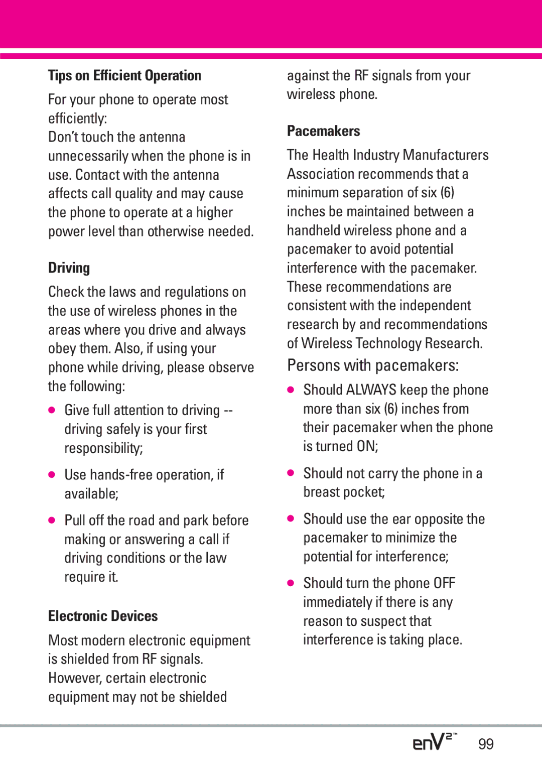 LG Electronics EnV2 manual Tips on Efficient Operation, Driving, Electronic Devices, Pacemakers 