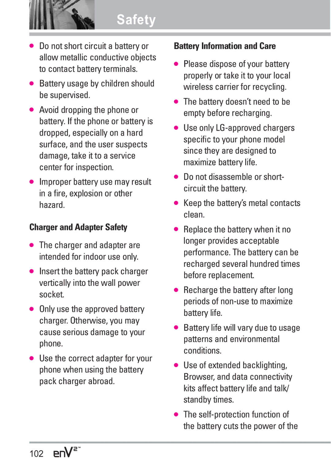 LG Electronics EnV2 manual Battery usage by children should be supervised, Charger and Adapter Safety, 102 