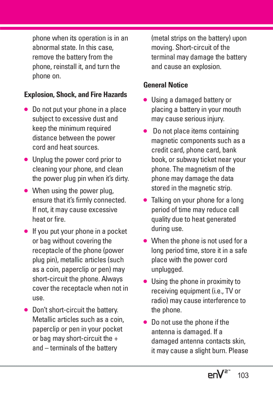 LG Electronics EnV2 manual General Notice, 103 