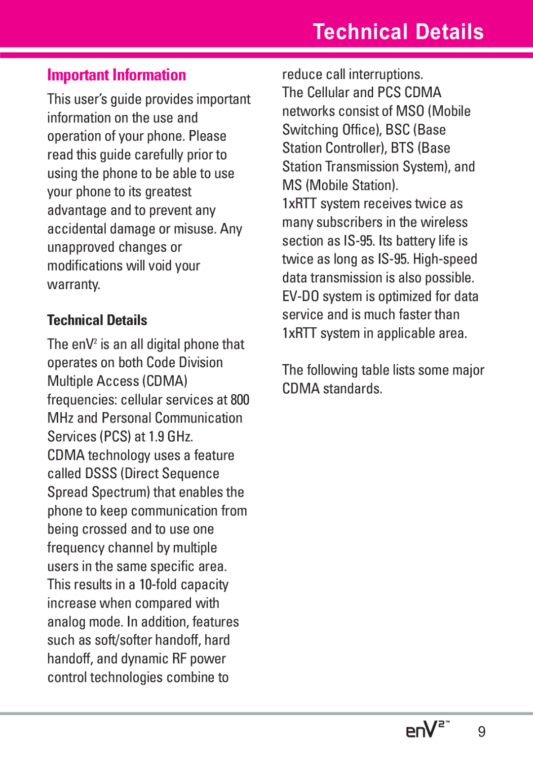 LG Electronics EnV2 manual Important Information, Technical Details, Following table lists some major Cdma standards 