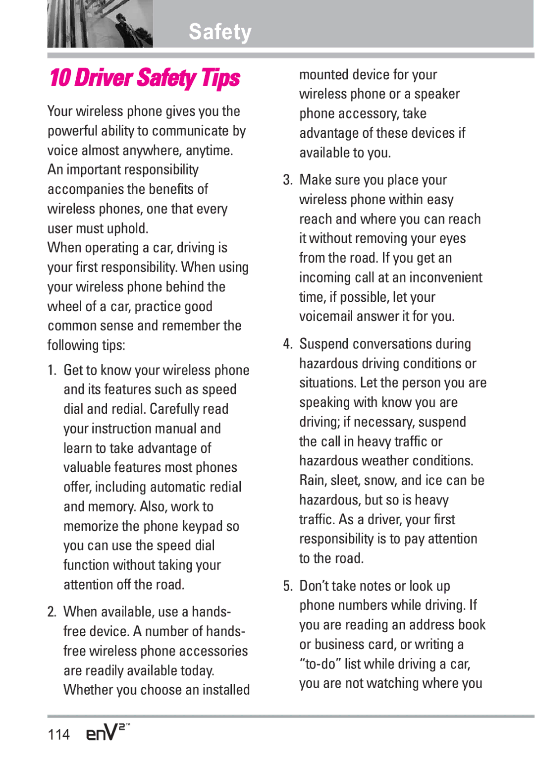 LG Electronics EnV2 manual Driver Safety Tips, 114 