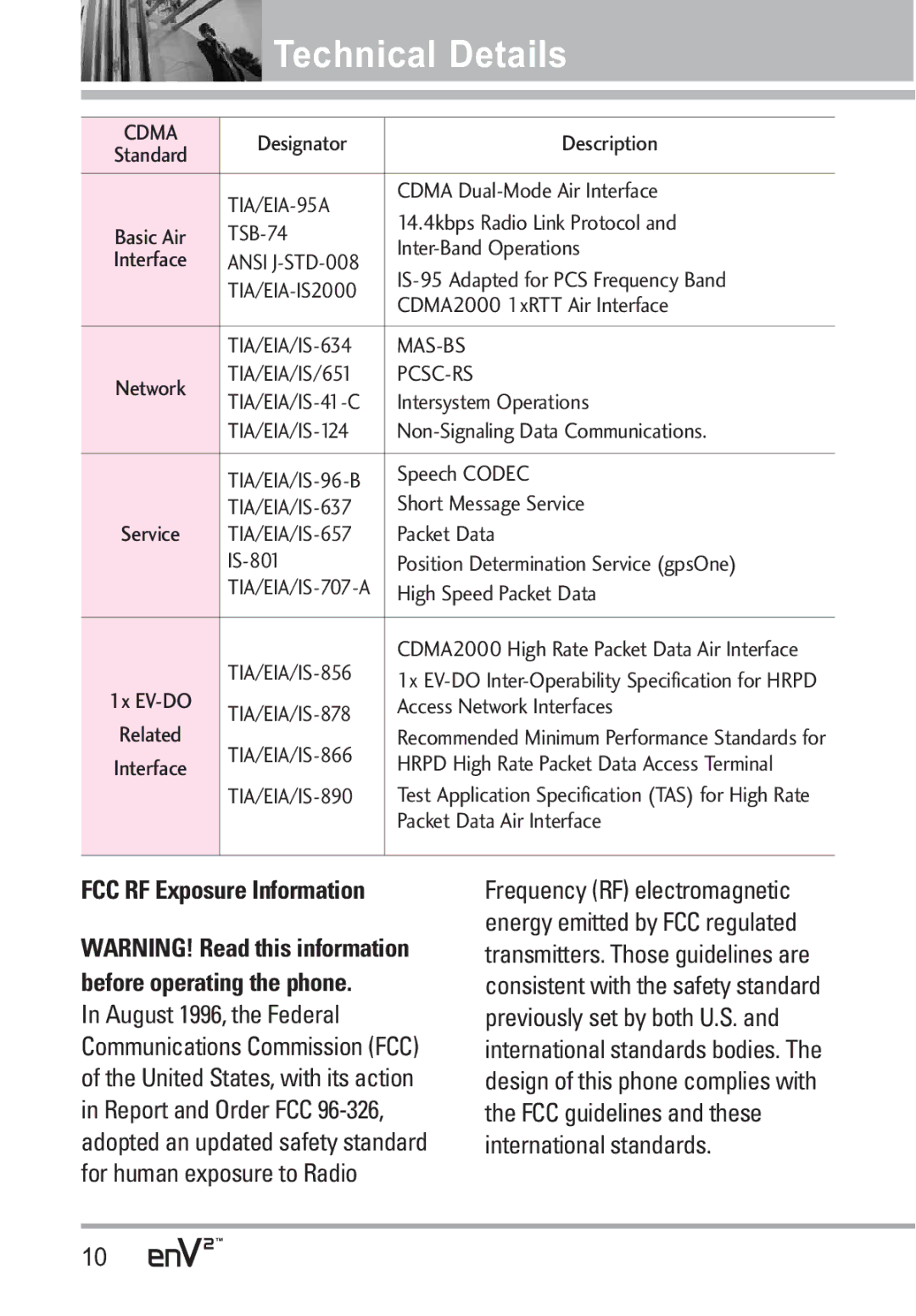 LG Electronics EnV2 manual FCC RF Exposure Information, TIA/EIA-95A 