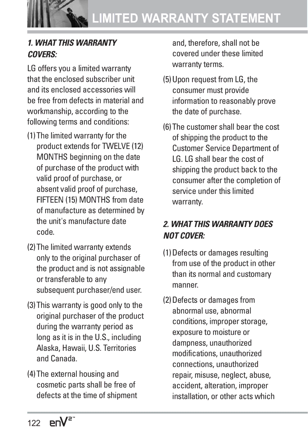 LG Electronics EnV2 manual Limited Warranty Statement, 122 