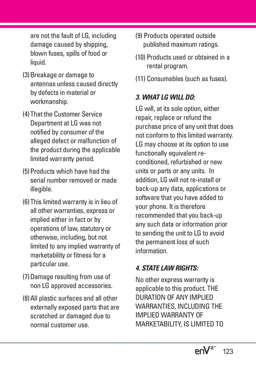 LG Electronics EnV2 manual What LG will do, 123 