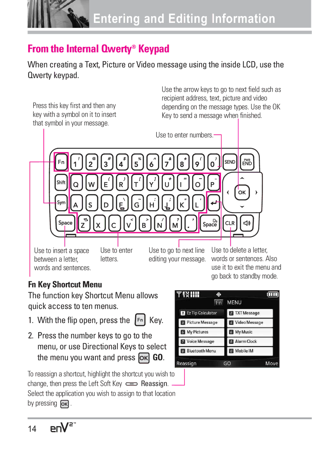 LG Electronics EnV2 manual From the Internal Qwerty Keypad, Fn Key Shortcut Menu 