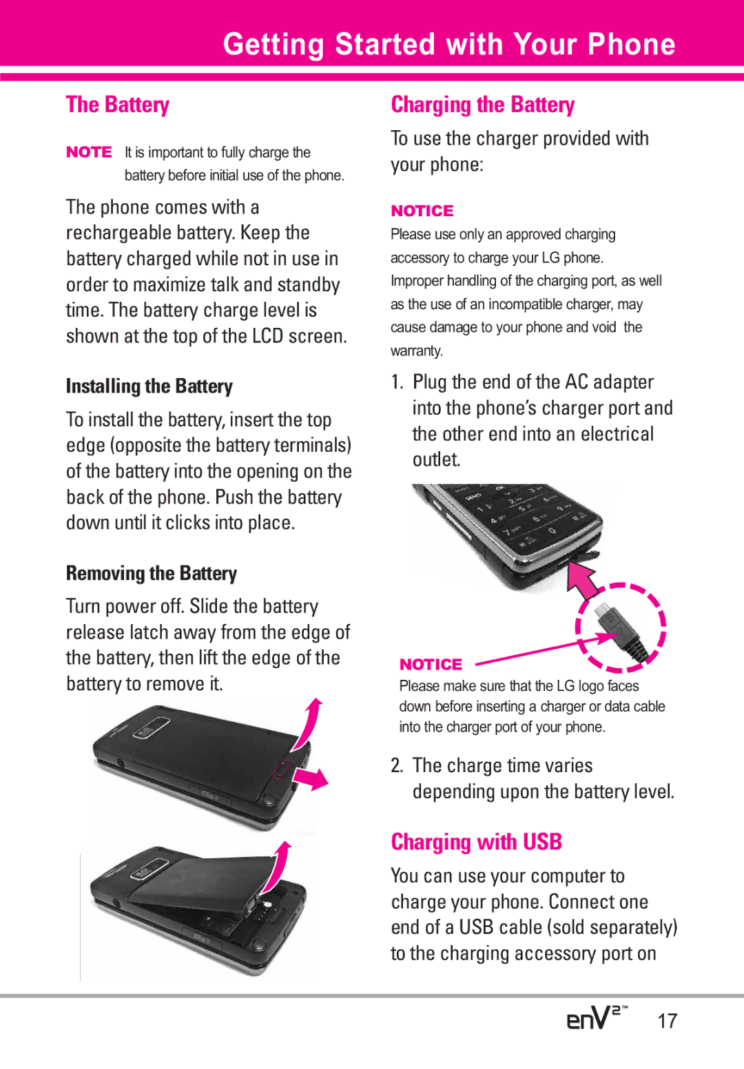 LG Electronics EnV2 manual Charging the Battery, Charging with USB, Installing the Battery, Removing the Battery 