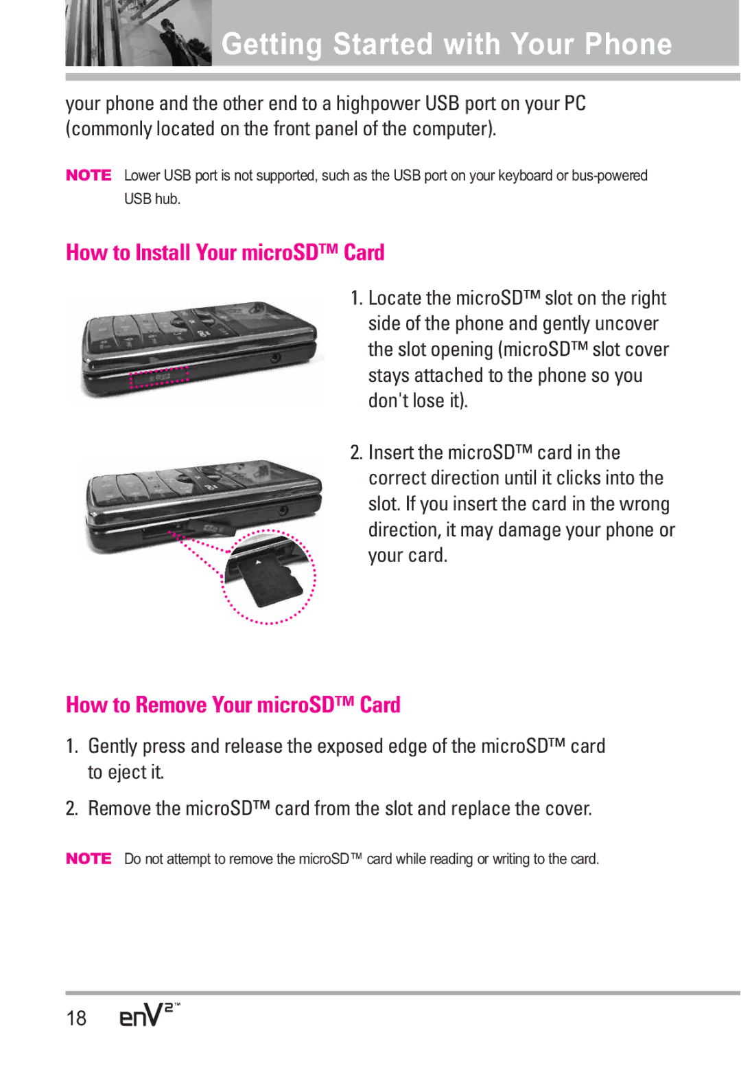 LG Electronics EnV2 manual How to Install Your microSD Card, How to Remove Your microSD Card 