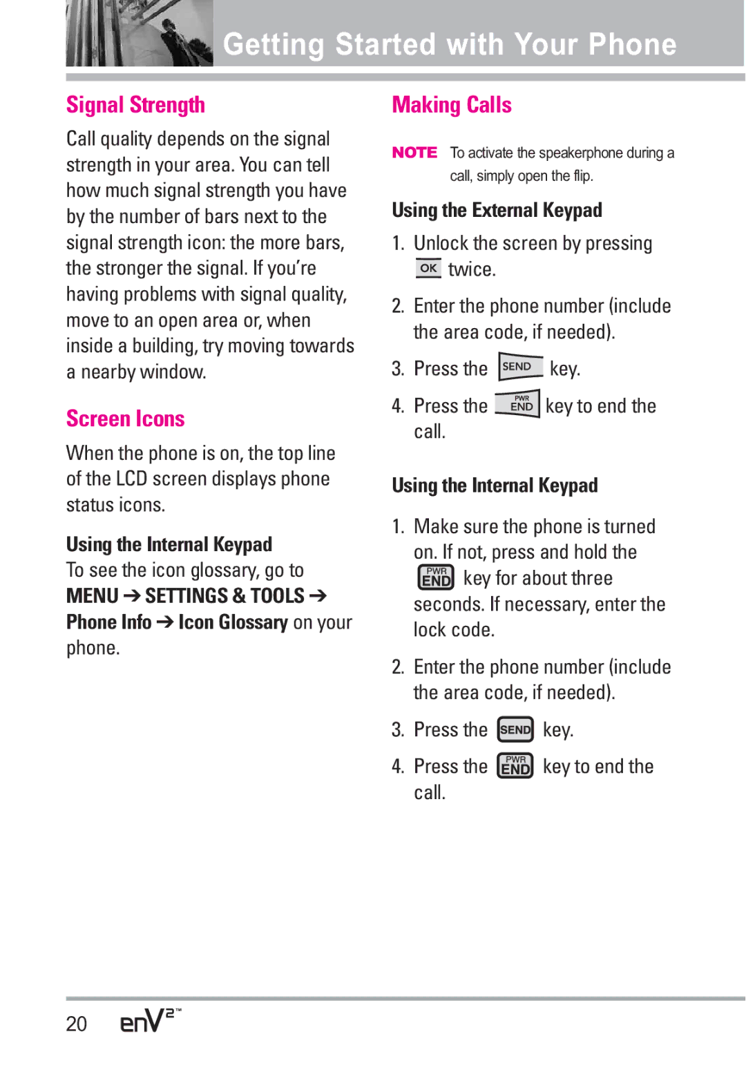 LG Electronics EnV2 manual Signal Strength, Screen Icons, Making Calls, Using the External Keypad 