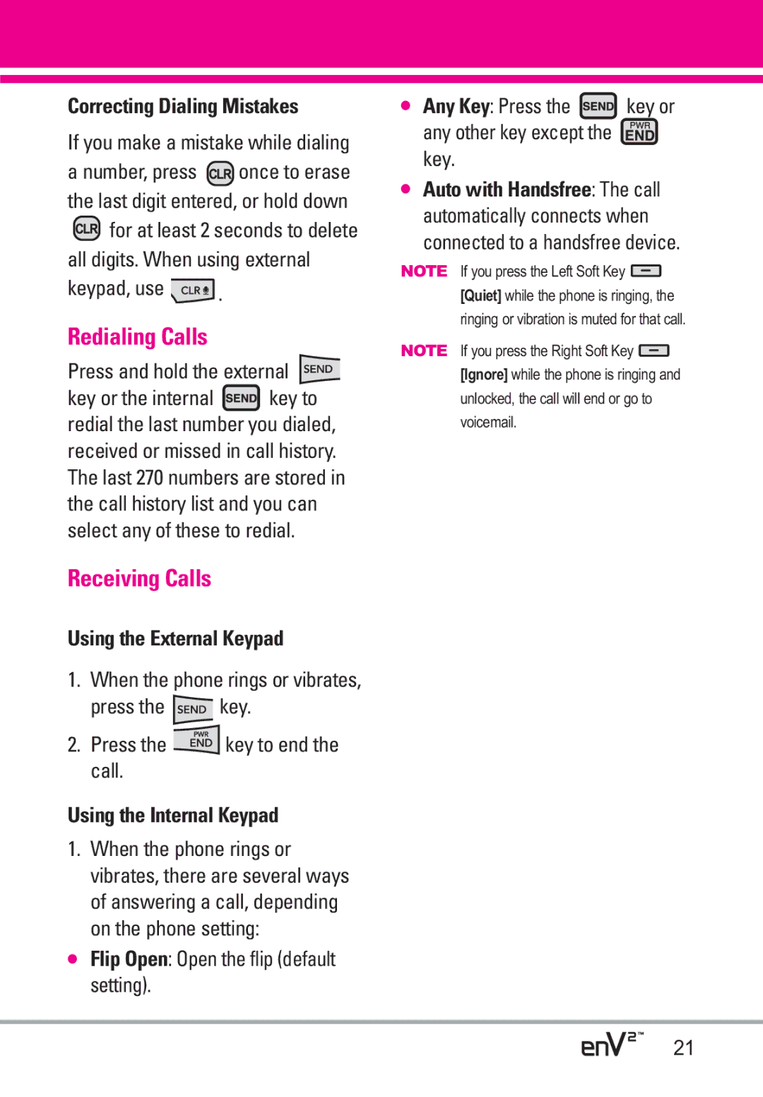 LG Electronics EnV2 manual Redialing Calls, Receiving Calls, Correcting Dialing Mistakes, Auto with Handsfree The call 