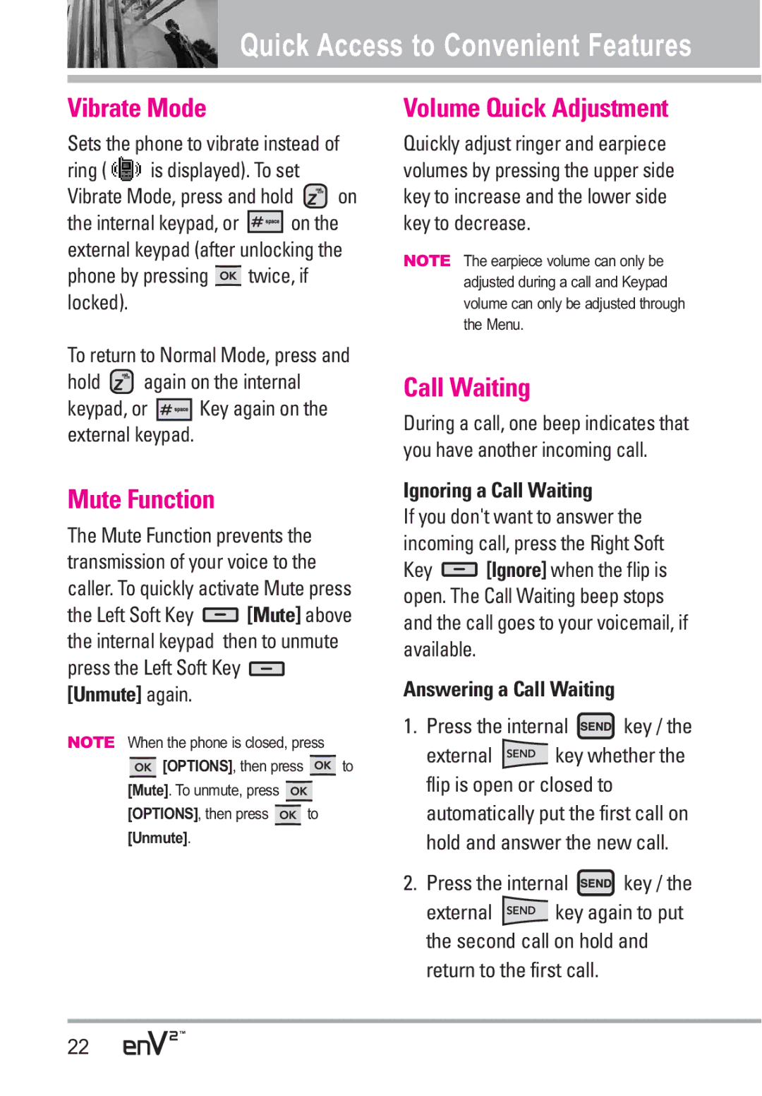 LG Electronics EnV2 manual Vibrate Mode, Mute Function, Volume Quick Adjustment, Call Waiting 