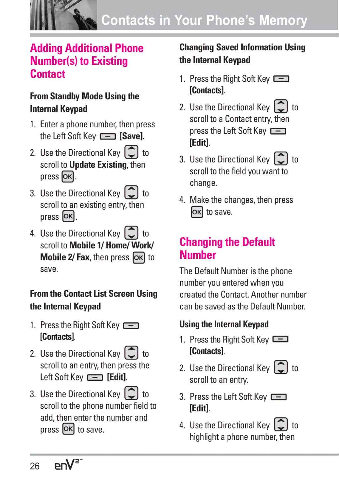 LG Electronics EnV2 manual Adding Additional Phone Numbers to Existing Contact, Changing the Default Number 