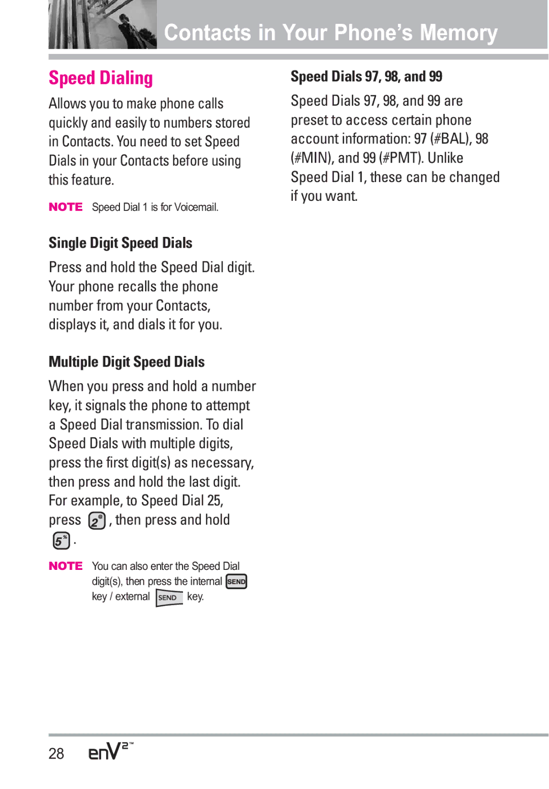 LG Electronics EnV2 manual Speed Dialing, Single Digit Speed Dials, Multiple Digit Speed Dials, Speed Dials 97, 98 