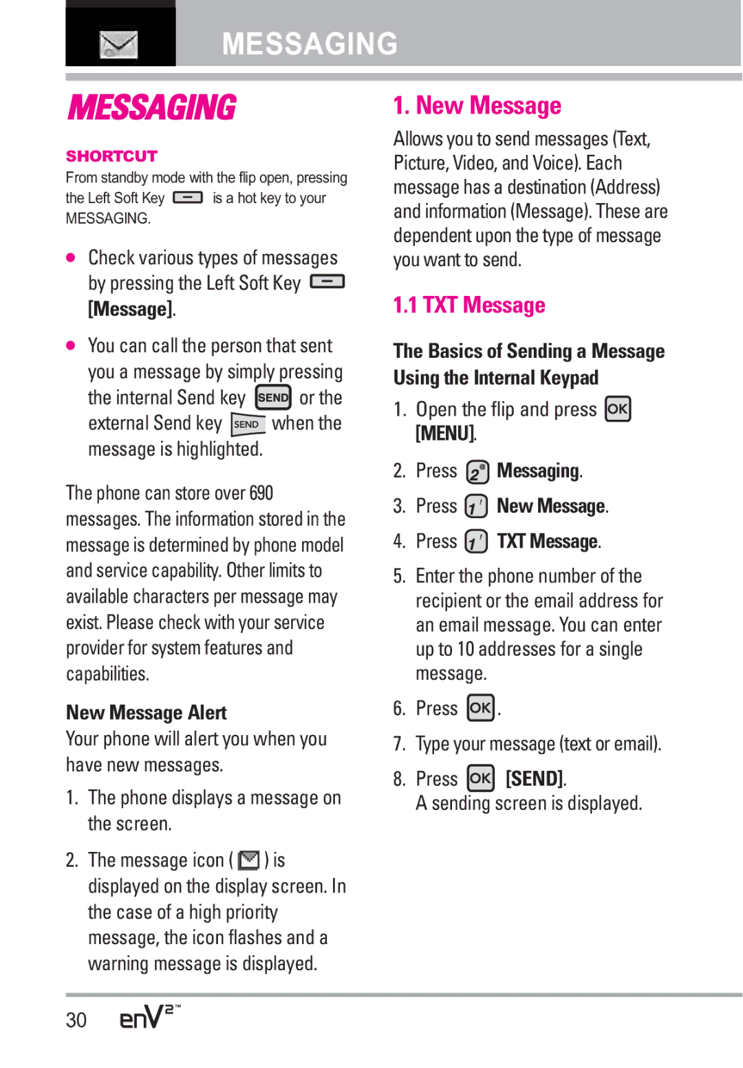 LG Electronics EnV2 manual New Message Alert, Press Messaging Press New Message Press TXT Message 
