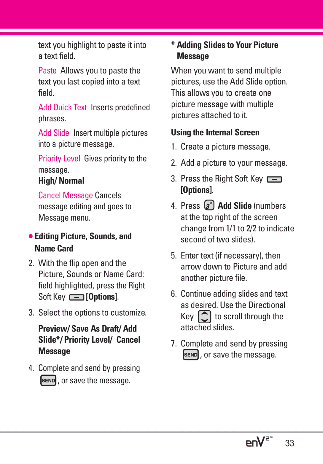 LG Electronics EnV2 manual Adding Slides to Your Picture Message, Using the Internal Screen 