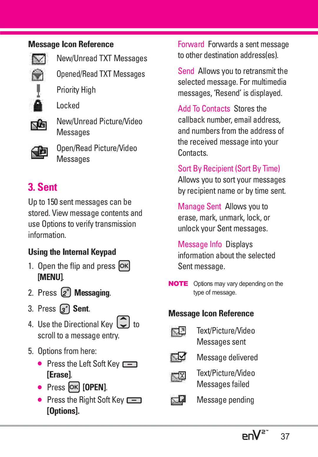 LG Electronics EnV2 manual Message Icon Reference, New/Unread TXT Messages, Press Sent 