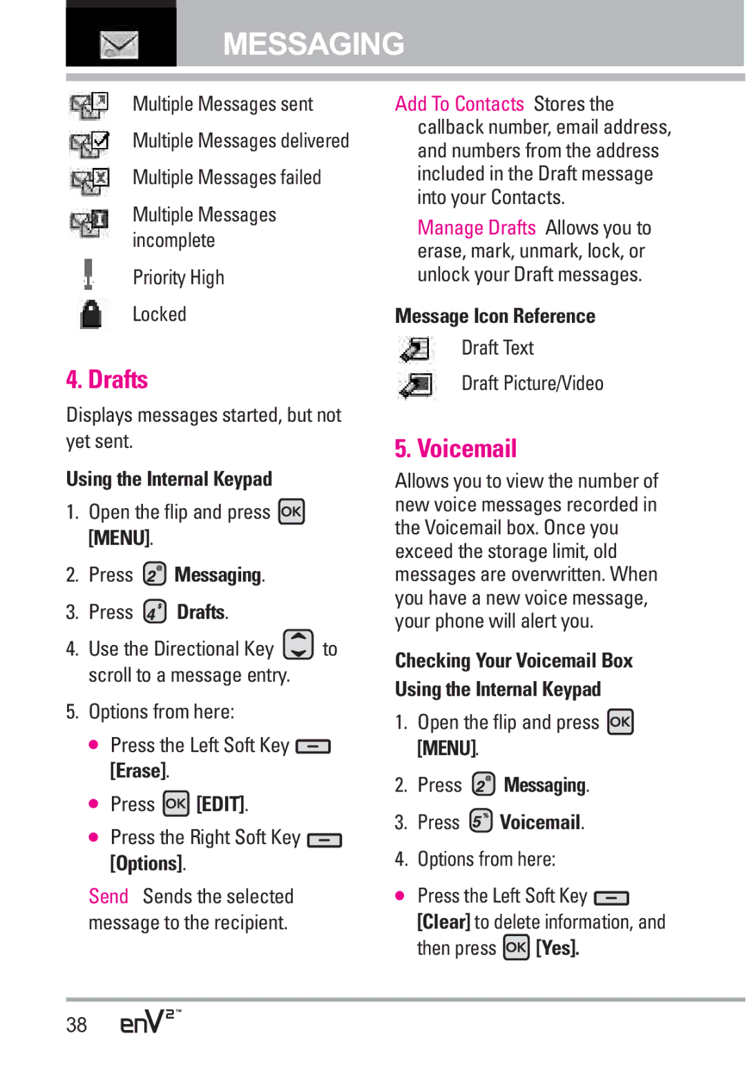 LG Electronics EnV2 manual Drafts, Press Messaging Press Voicemail 