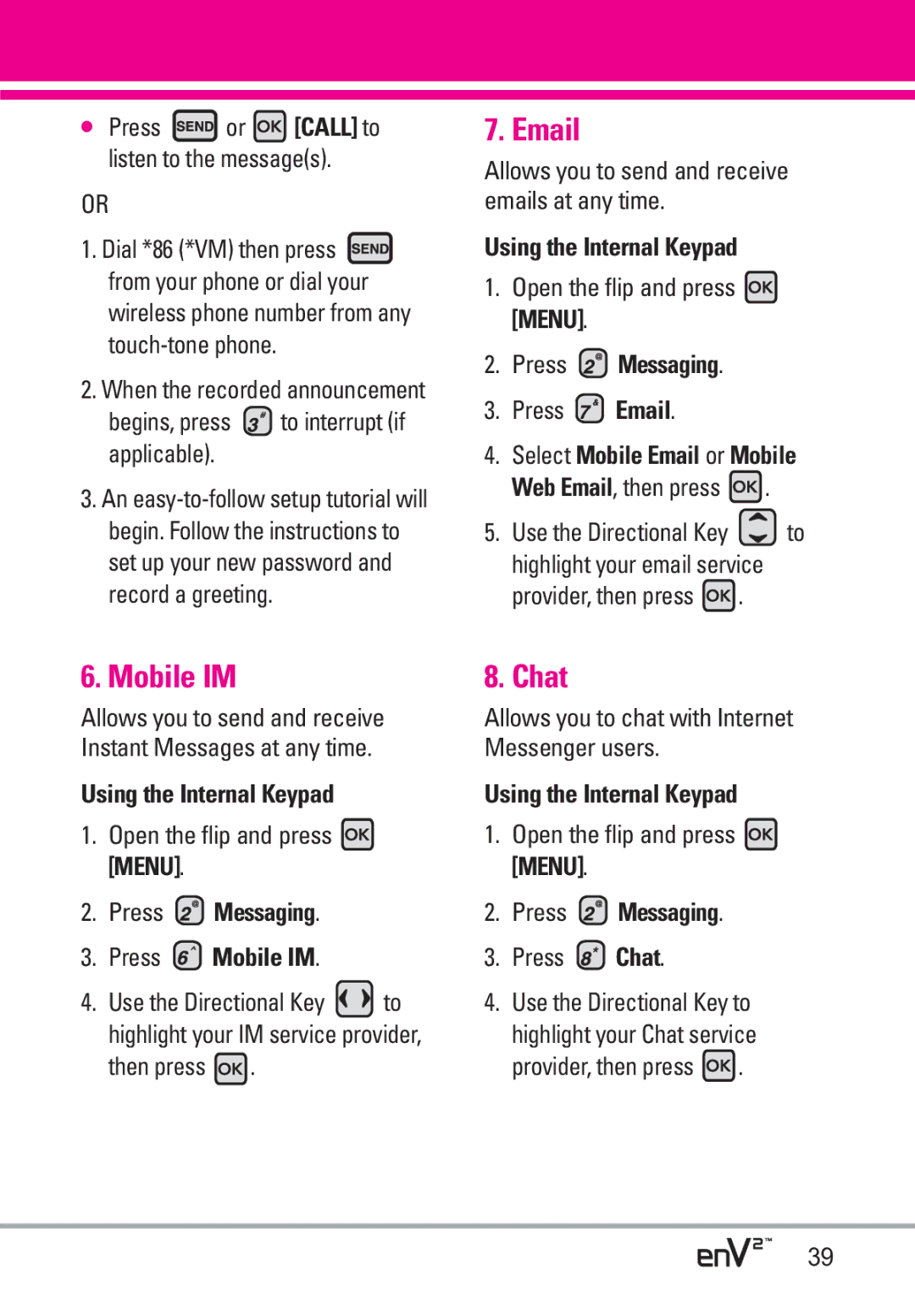 LG Electronics EnV2 manual Chat, Press Messaging Press Mobile IM 