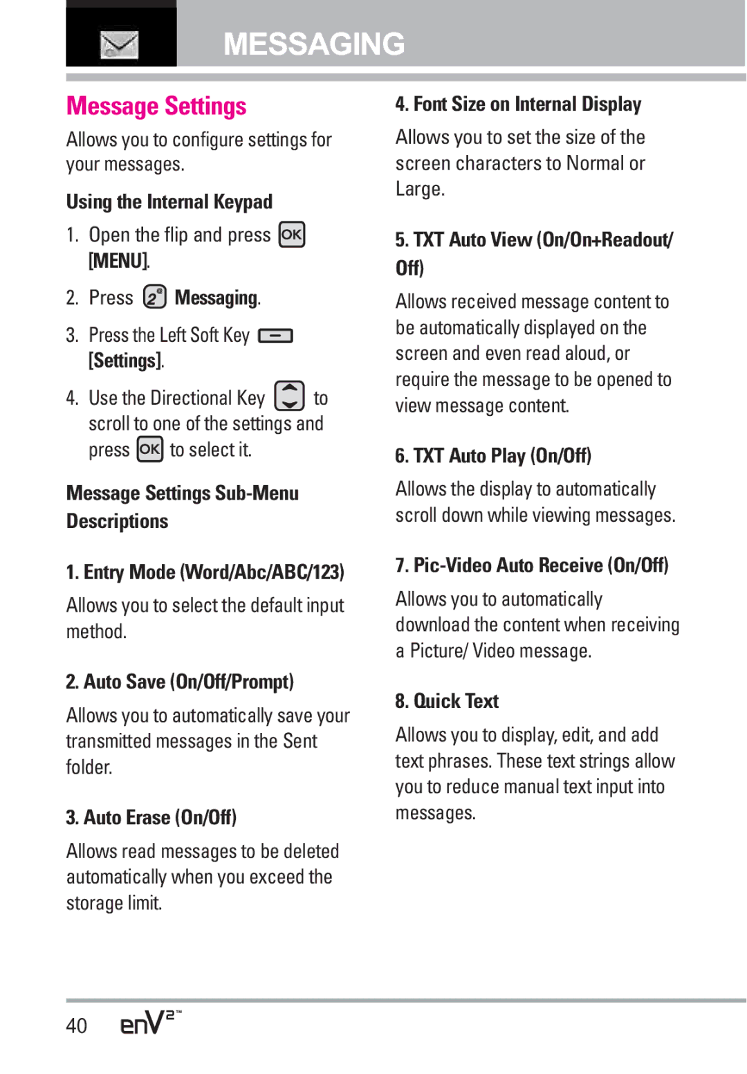 LG Electronics EnV2 manual Message Settings 