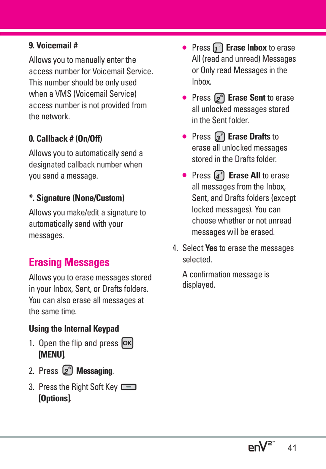 LG Electronics EnV2 manual Erasing Messages, Voicemail #, Callback # On/Off, Signature None/Custom 