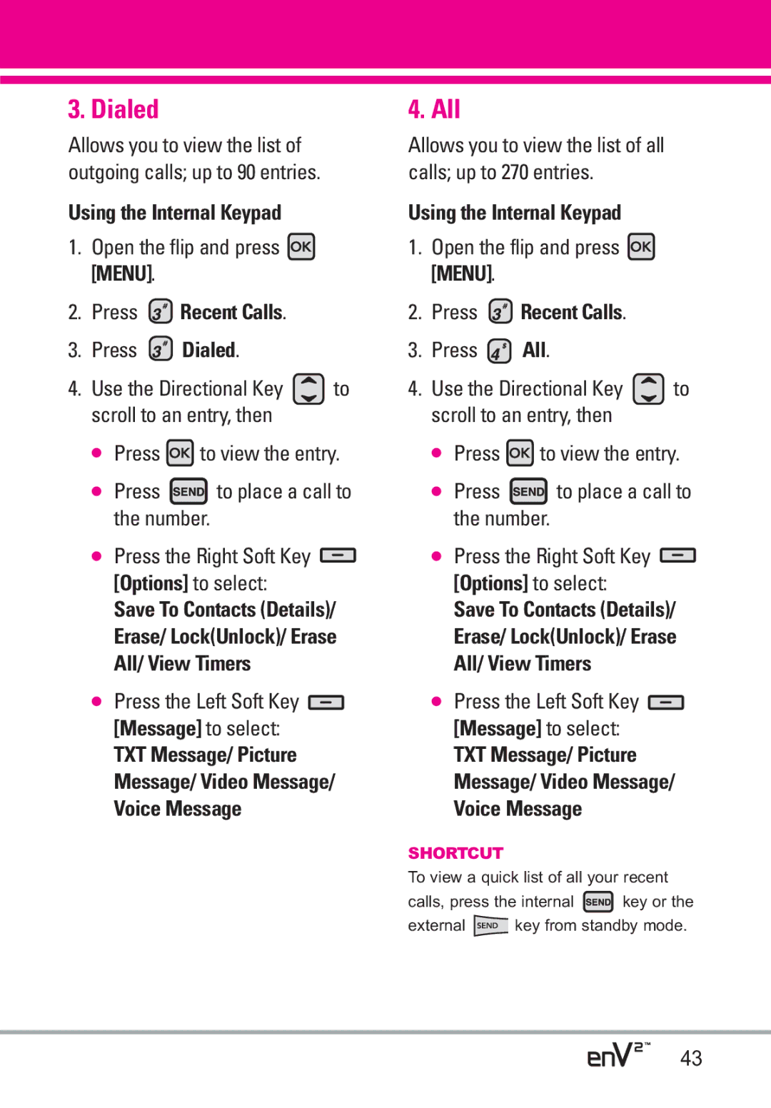 LG Electronics EnV2 manual All, Press Dialed 