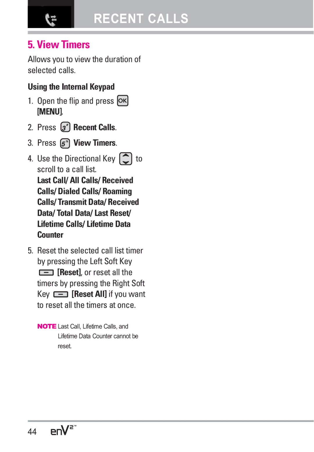 LG Electronics EnV2 manual Allows you to view the duration of selected calls, Press Recent Calls Press View Timers 