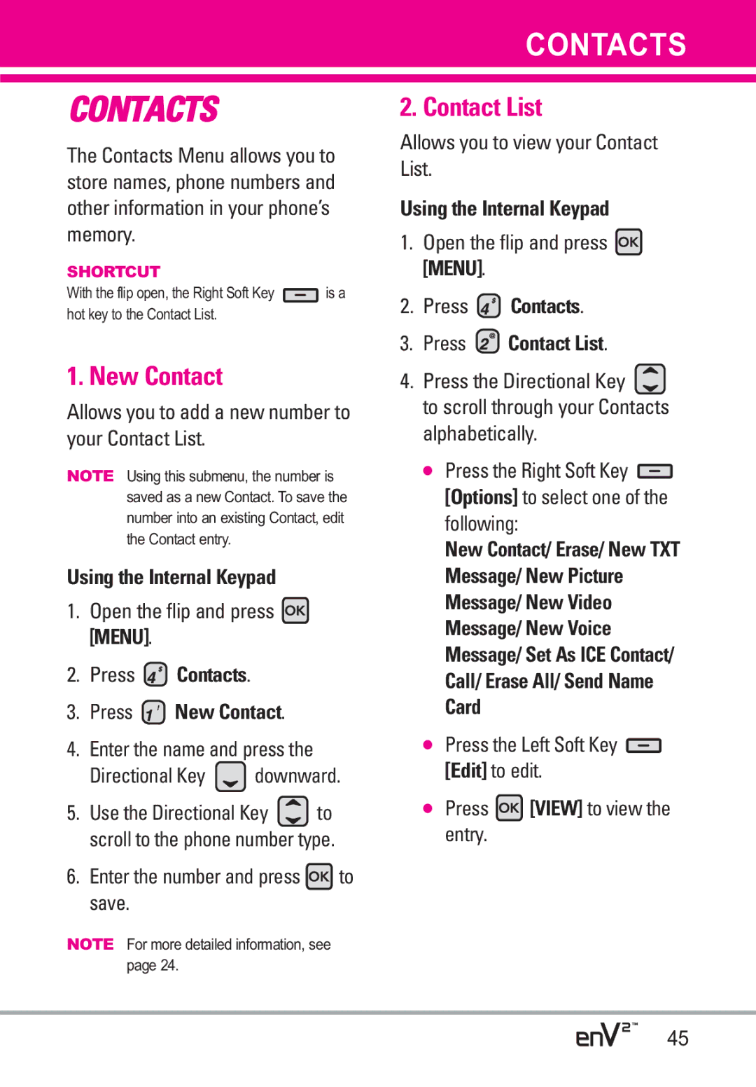 LG Electronics EnV2 manual Press Contacts Press New Contact, Press Contacts Press Contact List 