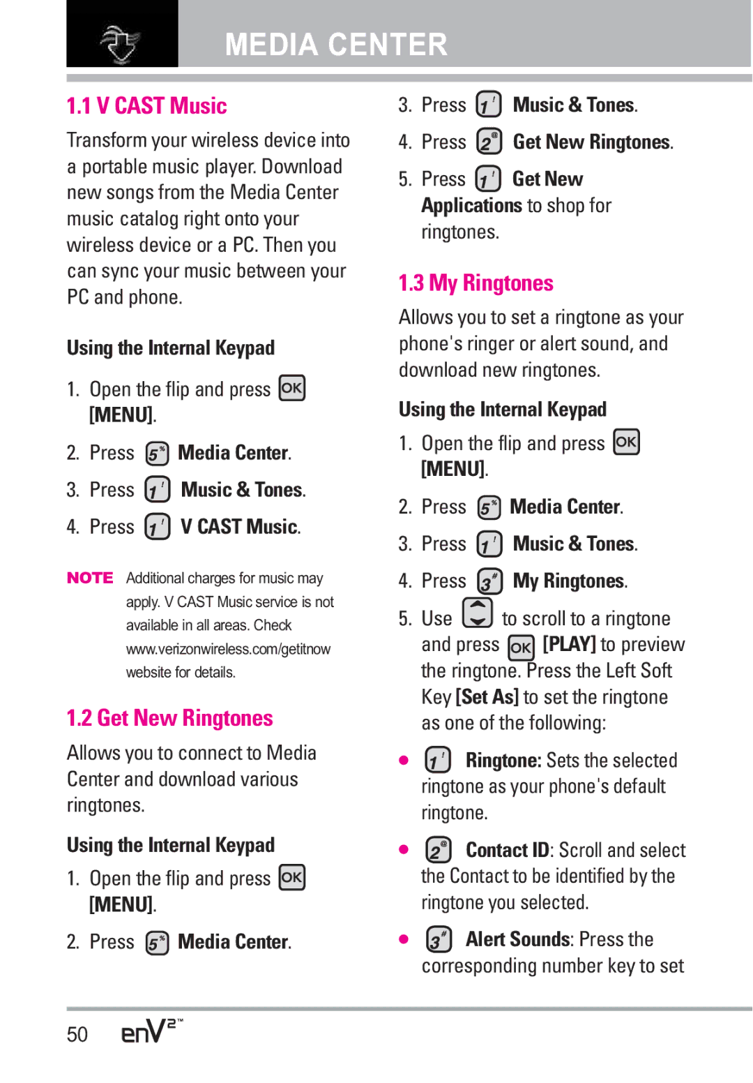 LG Electronics EnV2 manual Get New Ringtones, My Ringtones, Press Media Center Press Music & Tones Press V Cast Music 