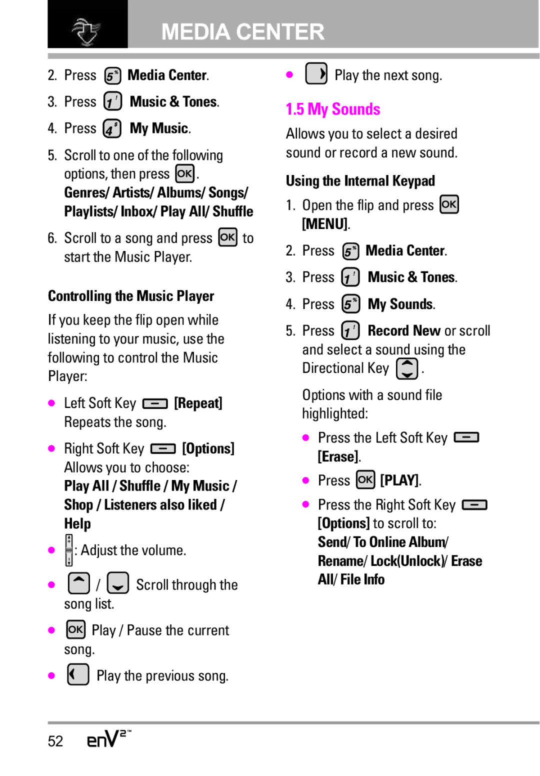 LG Electronics EnV2 manual My Sounds, Scroll to a song and press to start the Music Player, Controlling the Music Player 