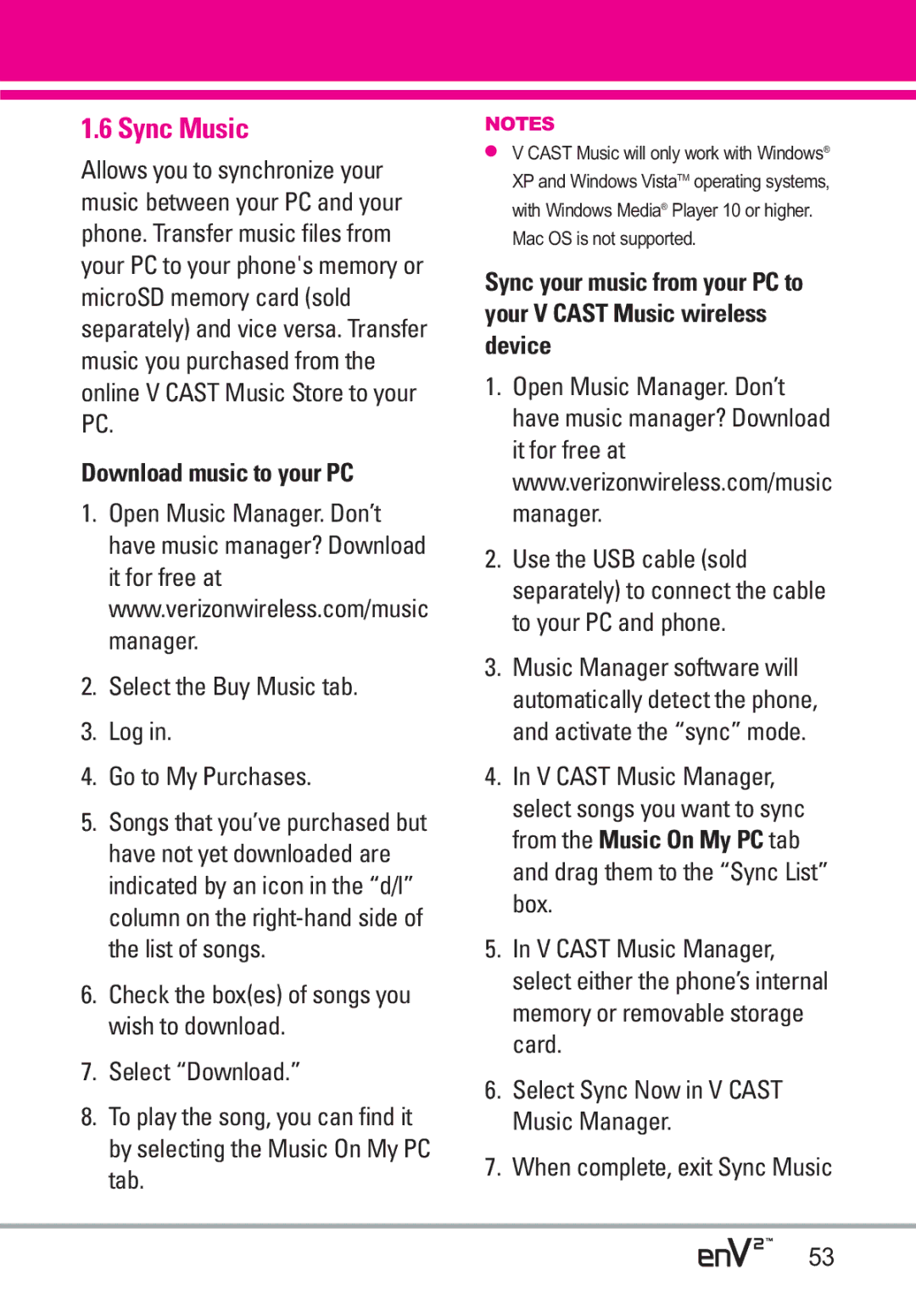 LG Electronics EnV2 manual Sync Music, Download music to your PC, Select the Buy Music tab Log Go to My Purchases 