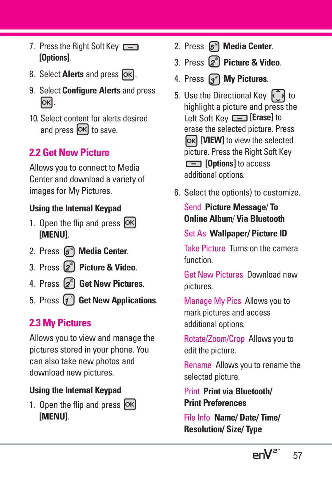 LG Electronics EnV2 manual Get New Picture, Press Media Center Press Picture & Video Press My Pictures 