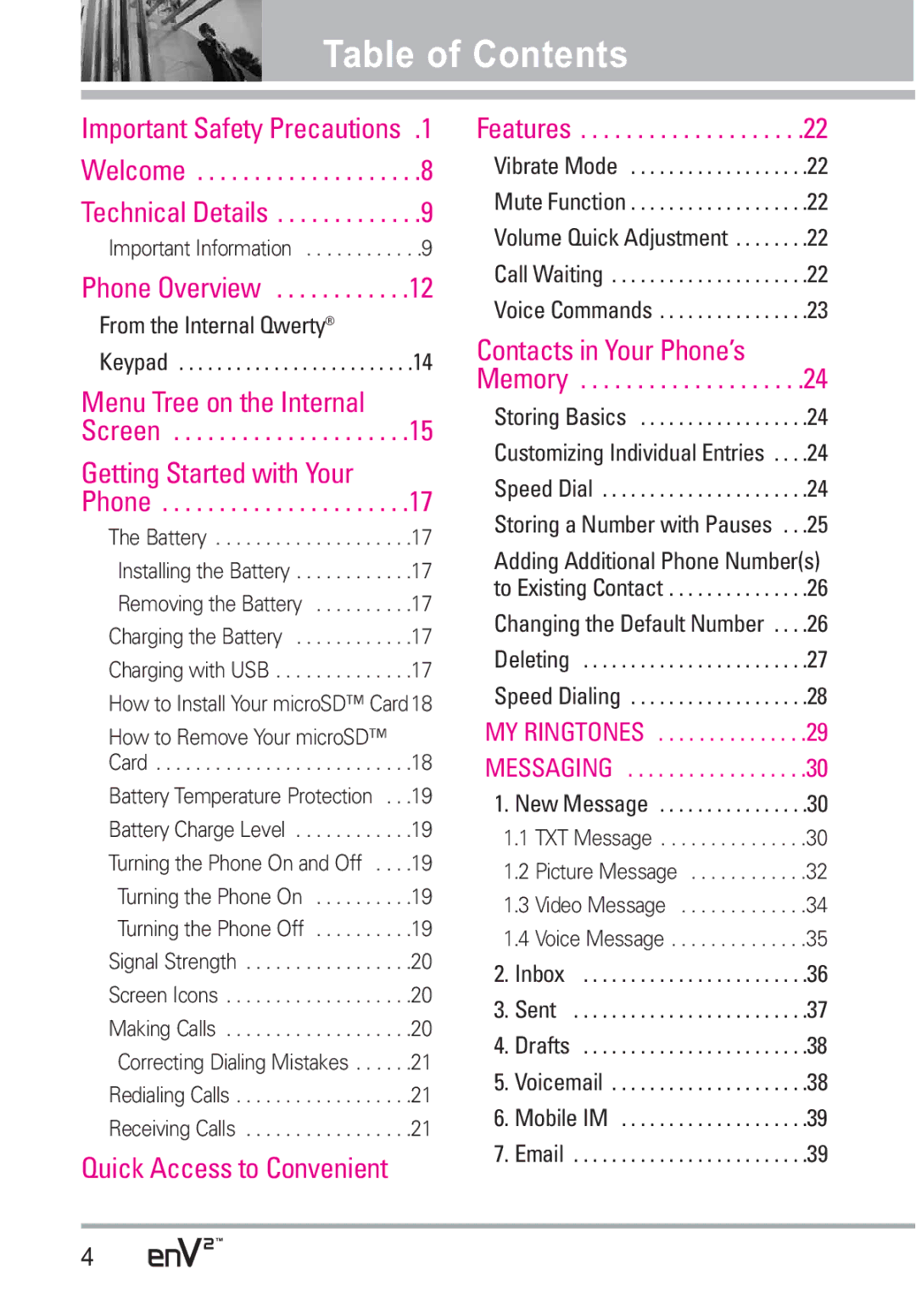 LG Electronics EnV2 manual Table of Contents 