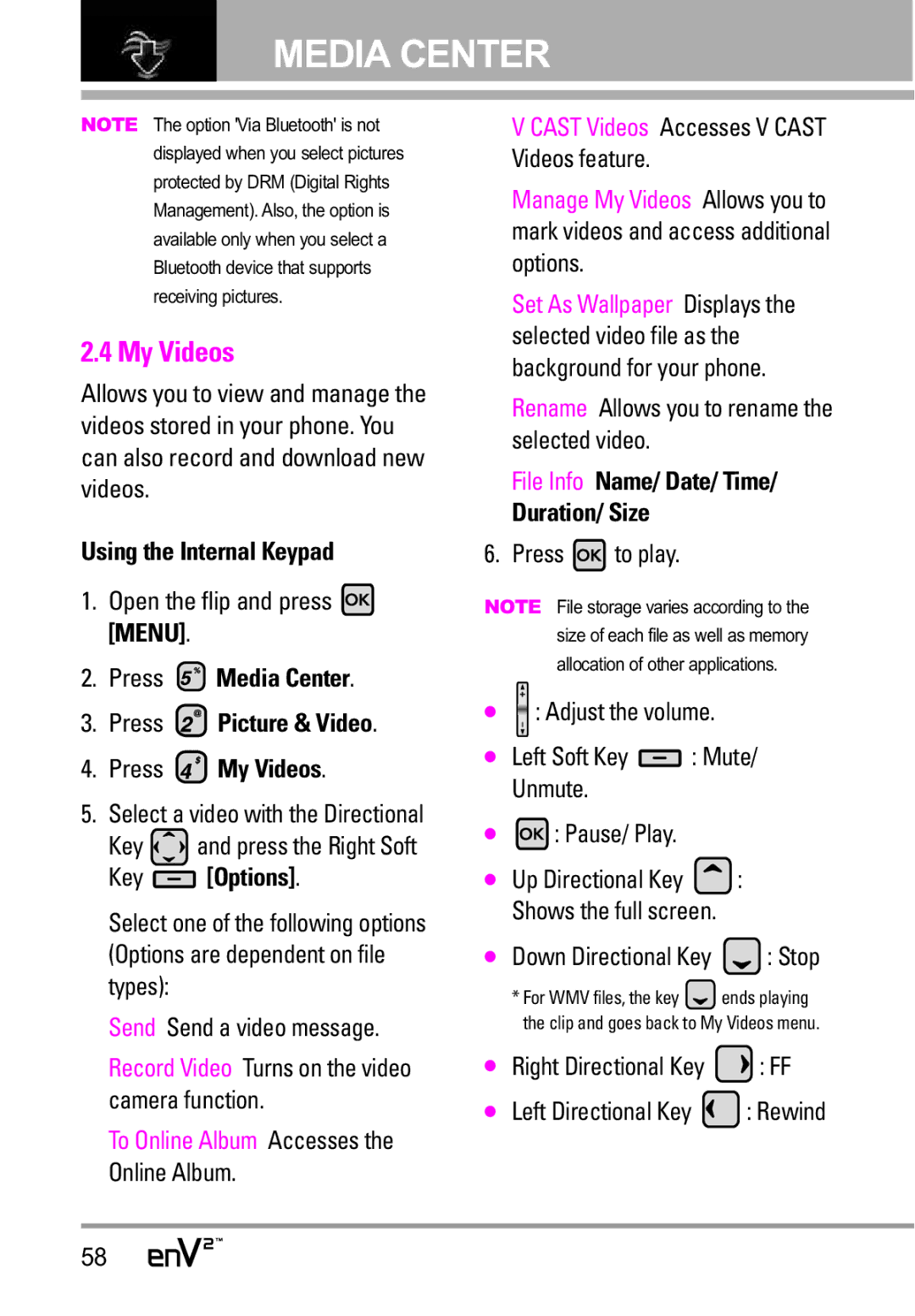 LG Electronics EnV2 manual Press Media Center Press Picture & Video Press My Videos, Key Options 